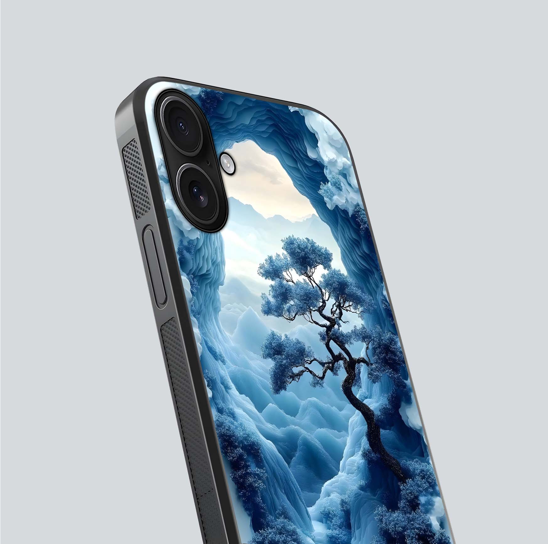 Frozen Serenity Gate Glass Case for iPhone 16 close-up highlighting frosted texture and reflection tone