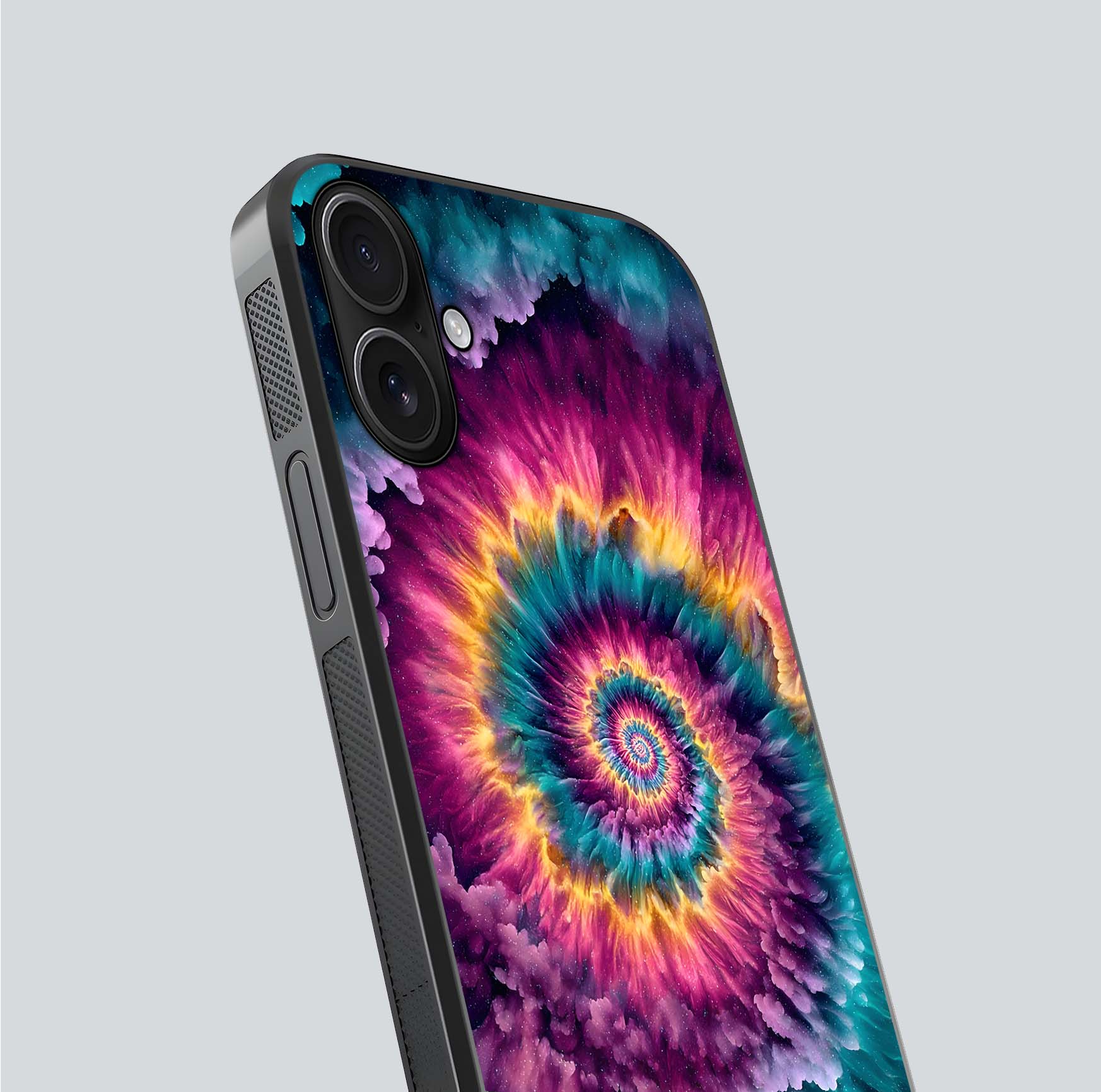 Galactic Spiral Burst Glass Case for iPhone 16 close-up angled shot showing spiral burst detail, neon tones, and glossy reflection