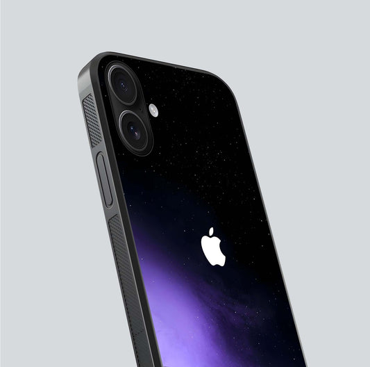Galaxy Apple Aura Glass Case for iPhone 16 close-up angled shot showing aura lighting and reflection polish
