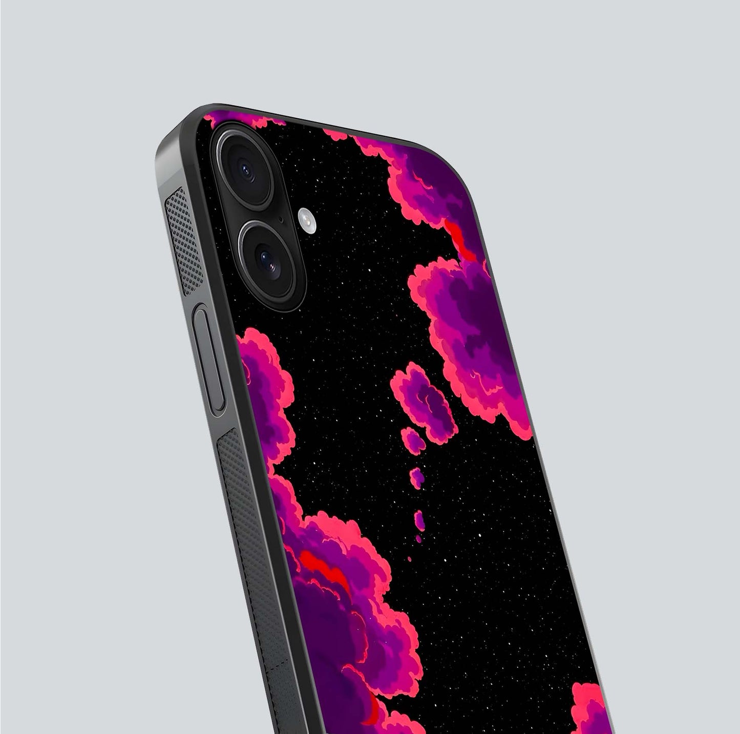 Galaxy Dream Frame Glass Case for iPhone 16 close-up angled shot showing nebula patterns and reflection glow