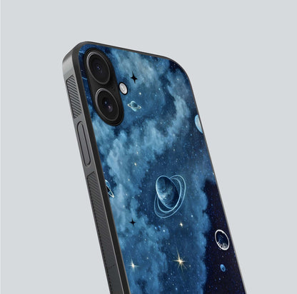 Galaxy Dream Space Glass Case for iPhone 16 close-up angled shot highlighting nebula details and reflection shine