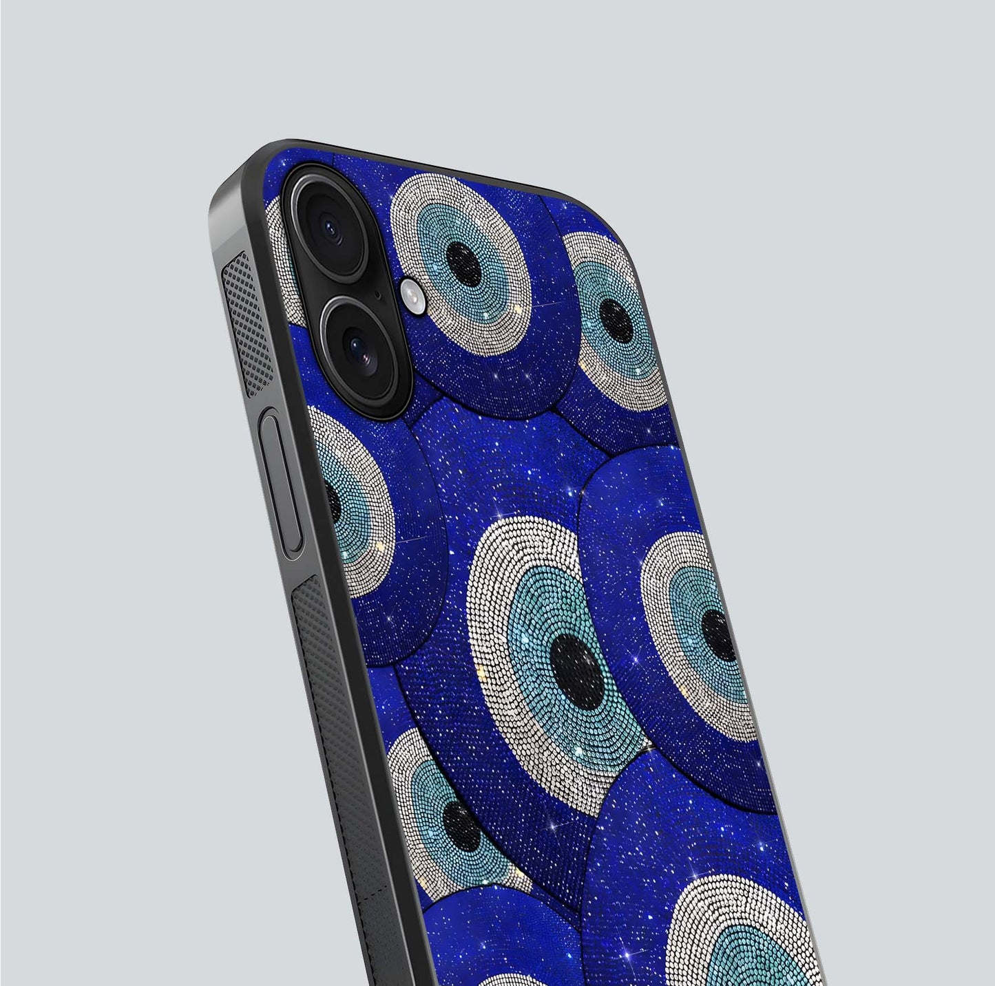 Galaxy Eye Flow Glass Case for iPhone 16 close-up angled shot showing vivid swirl detail and reflection brightness