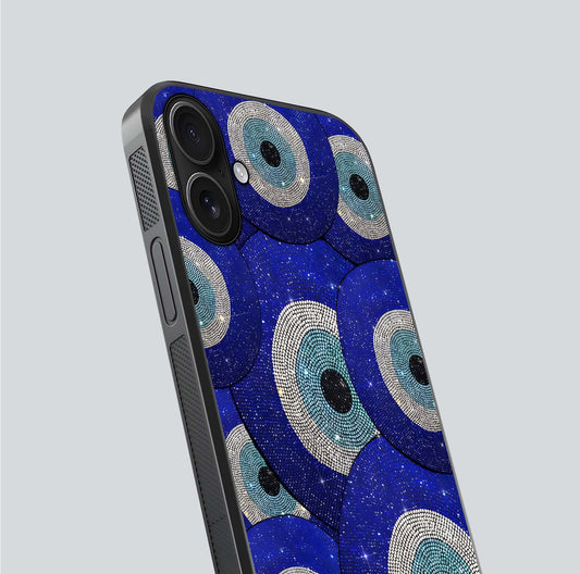 Galaxy Eye Flow Glass Case for iPhone 16 close-up angled shot showing vivid swirl detail and reflection brightness