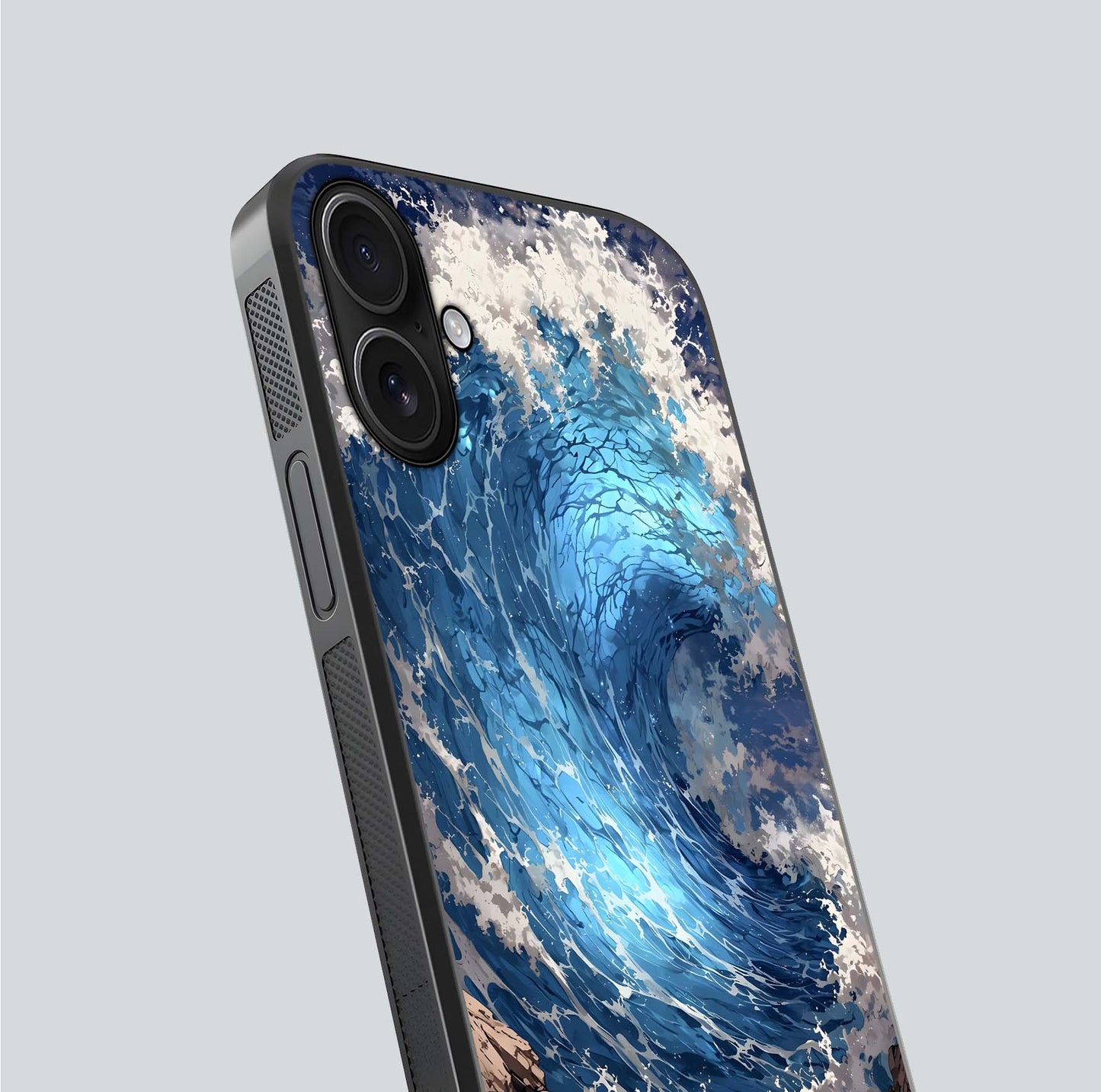 Giant Ocean Wave Glass Case for iPhone 16 close-up angled shot showing wave texture and water reflection shine