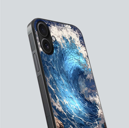 Giant Ocean Wave Glass Case for iPhone 16 close-up angled shot showing wave texture and water reflection shine