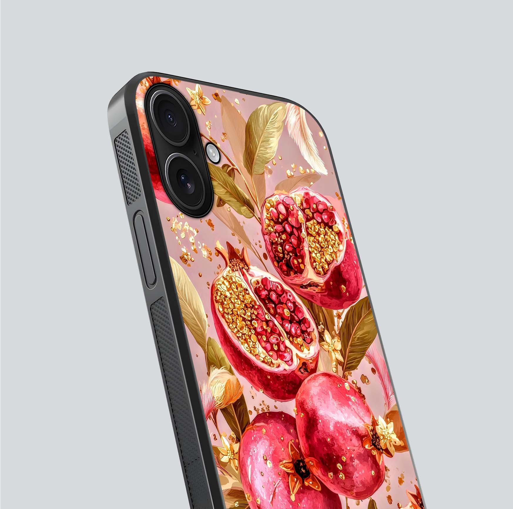 Golden Bloom Glow Glass Case for iPhone 16 close-up angled shot showing metallic tones and reflection brilliance