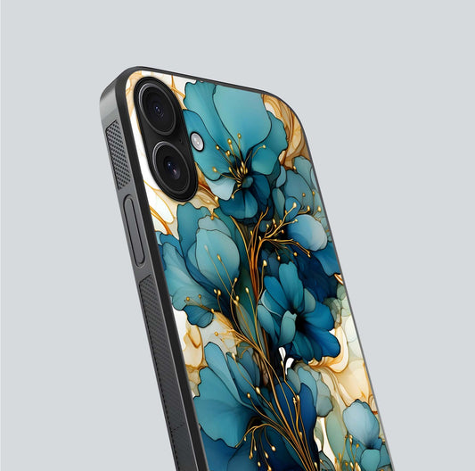 Golden Bloom Symphony Glass Case for iPhone 16 close-up angled shot showing detailed petals and metallic gold reflection