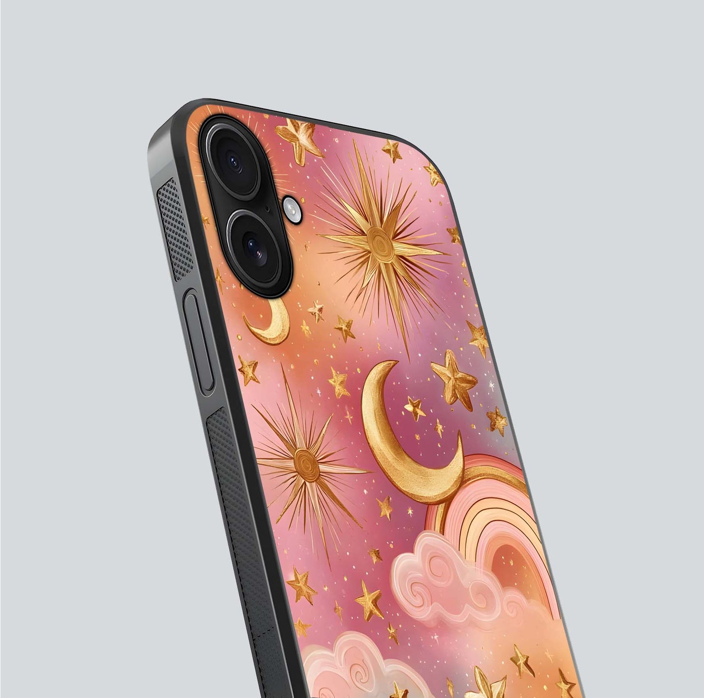 Golden Celestial Dreams Glass Case for iPhone 16 close-up angled shot showing cosmic gold tones and reflection shine