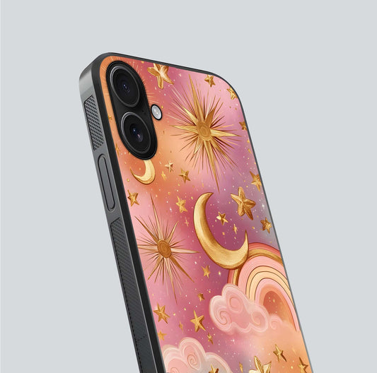 Golden Celestial Dreams Glass Case for iPhone 16 close-up angled shot showing cosmic gold tones and reflection shine