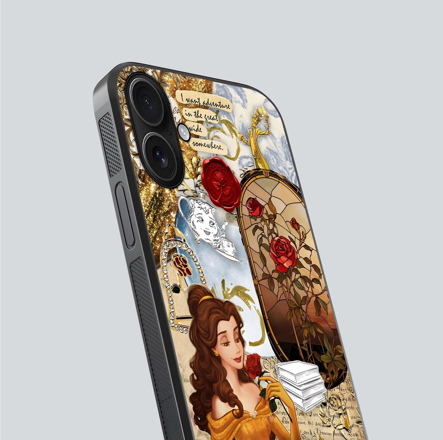 Golden Dream Belle Glass Case for iPhone 16 close-up angled shot showing gradient tones and reflection polish