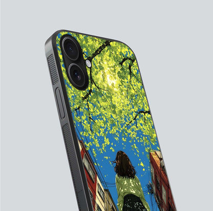 Golden Leaves Glow Glass Case for iPhone 16 close-up angled shot showing fine leaf texture and reflection shine