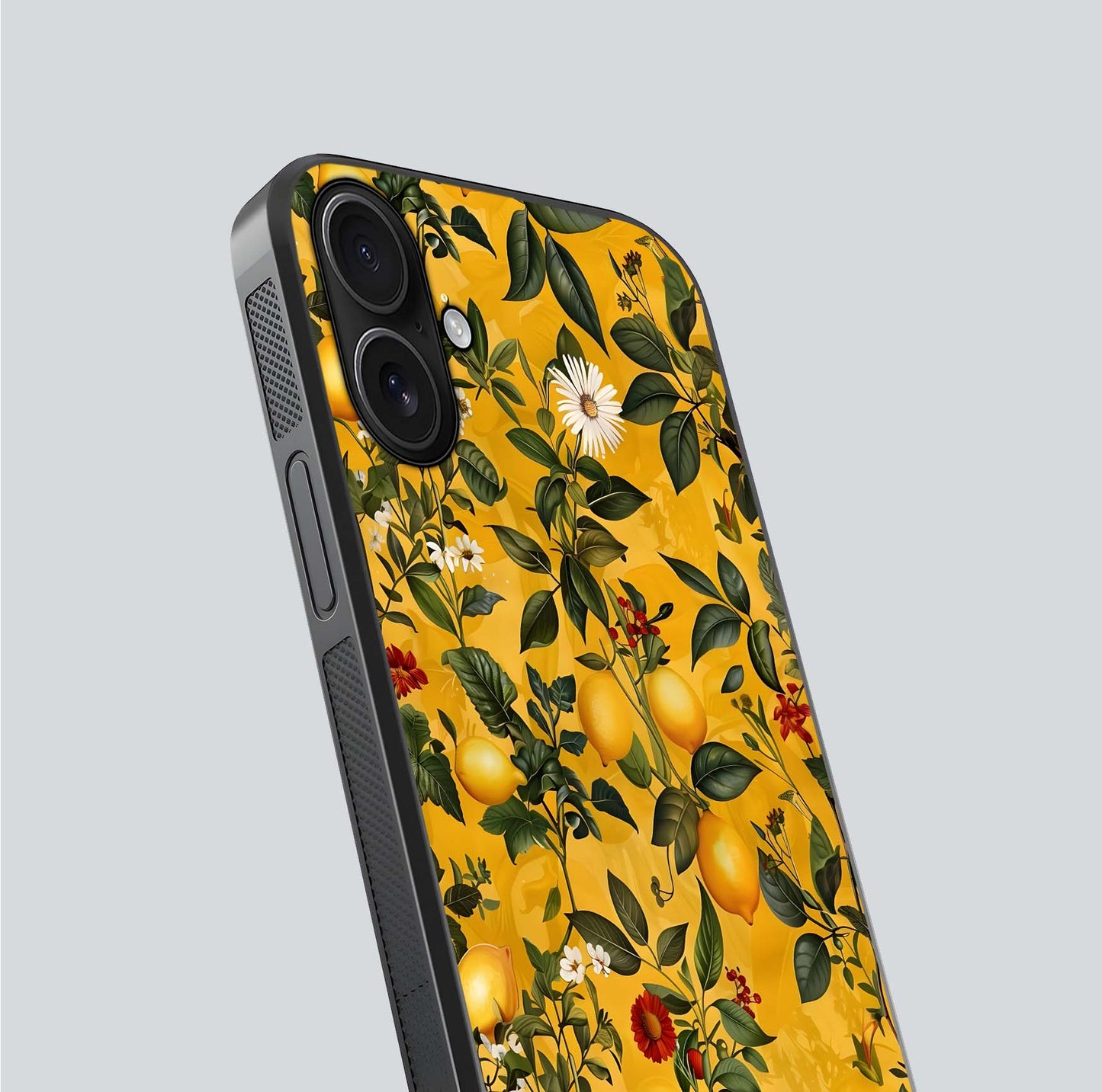 Golden Lemon Field Glass Case for iPhone 16 close-up angled shot showing citrus texture and reflection brilliance