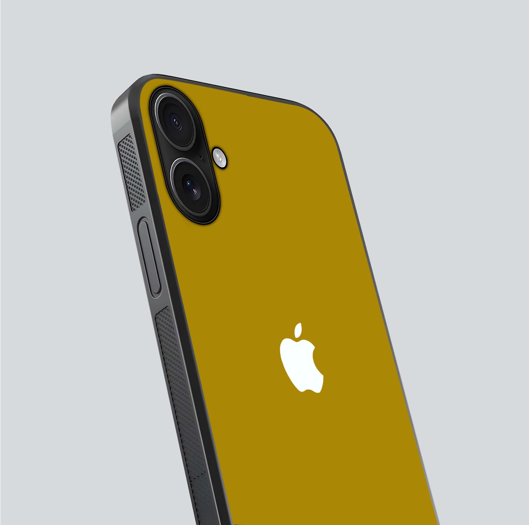 Golden Luxe Aura Glass Case for iPhone 16 close-up angled shot showing metallic shine and light reflection