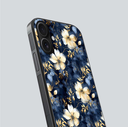 Golden Midnight Bloom Glass Case for iPhone 16 close-up angled shot showing floral detail and reflection shine