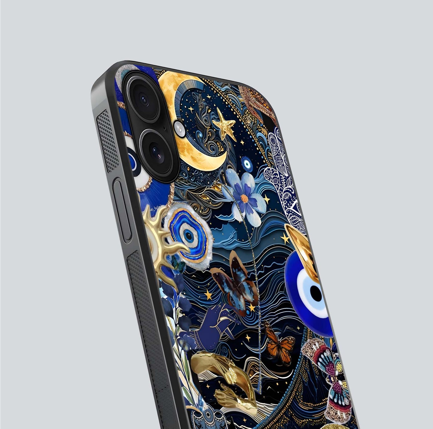 Golden Moon Magic Glass Case for iPhone 16 close-up angled shot showing lunar glow, star detail, and reflection brightness