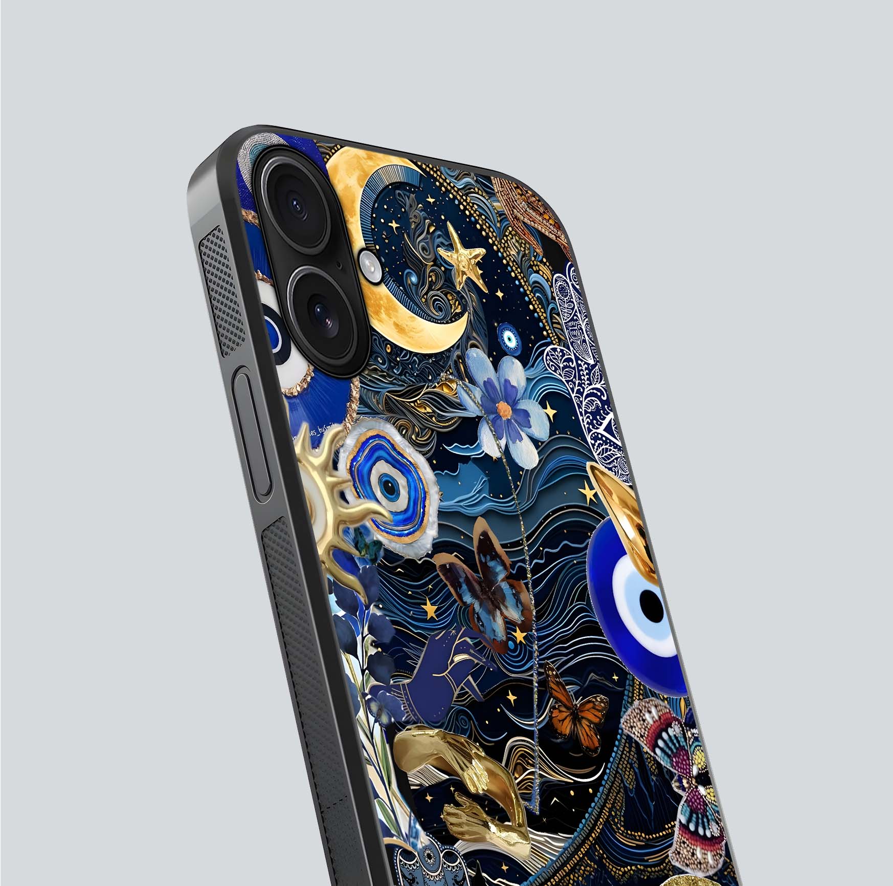 Golden Moon Magic Glass Case for iPhone 16 close-up angled shot showing lunar glow, star detail, and reflection brightness