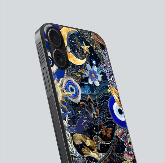 Golden Moon Magic Glass Case for iPhone 16 close-up angled shot showing lunar glow, star detail, and reflection brightness