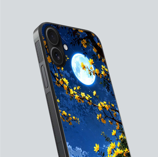 Golden Night Glow Glass Case for iPhone 16 close-up angled shot showing shimmer texture and light reflection