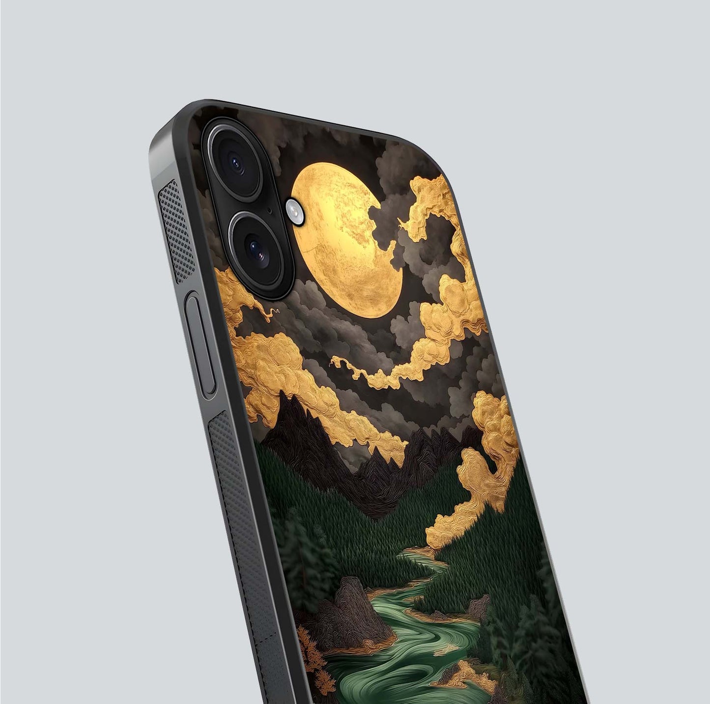 Golden River Moon Glass Case for iPhone 16 close-up angled shot showing moon reflection and water shine