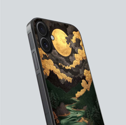 Golden River Moon Glass Case for iPhone 16 close-up angled shot showing moon reflection and water shine