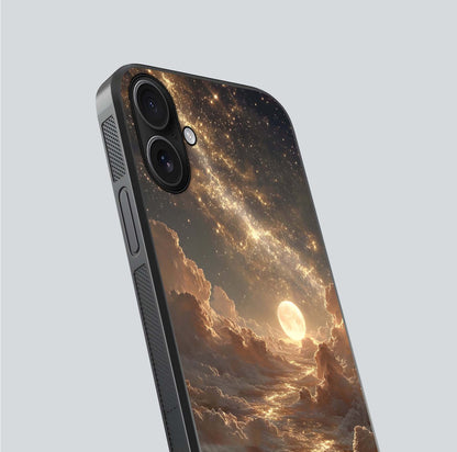 Golden Sky Dream Glass Case for iPhone 16 close-up angled shot showing gradient tones and reflection polish