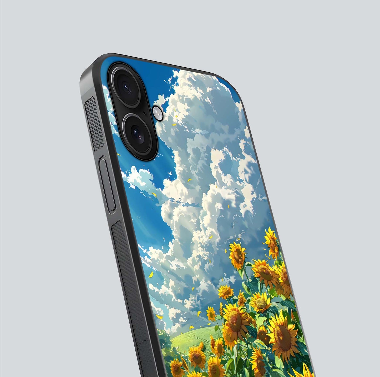 Golden Sun Glory Glass Case for iPhone 16 close-up angled shot showing sunlight reflection and gold detailing