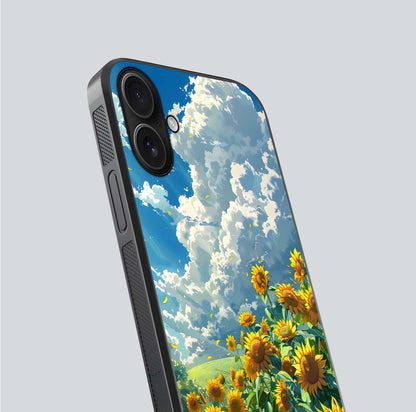 Golden Sun Glory Glass Case for iPhone 16 close-up angled shot showing sunlight reflection and gold detailing