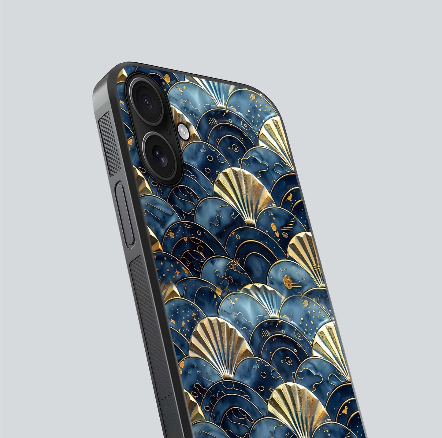 Golden Wave Luxe Glass Case for iPhone 16 close-up angled shot showing flowing wave texture and reflection brightness