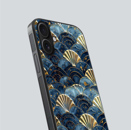 Golden Wave Luxe Glass Case for iPhone 16 close-up angled shot showing flowing wave texture and reflection brightness