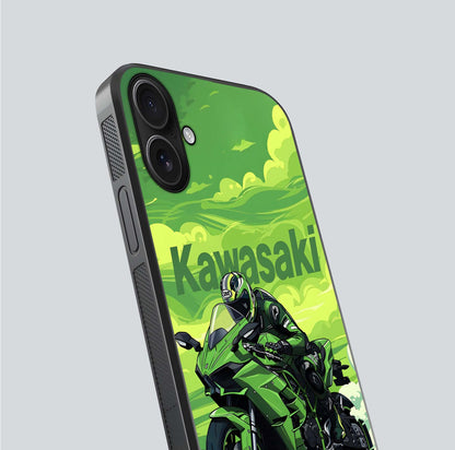 Green Kawasaki Glass Case for iPhone 16 close-up angled shot showing sporty line details and reflection shine