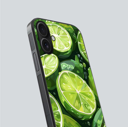 Green Lemon Glass Case for iPhone 16 close-up angled shot showing lemon slice texture and reflection brightness