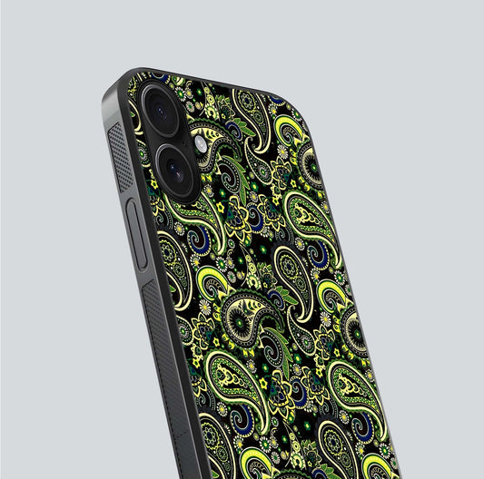 Green Mandala Pattern Glass Case for iPhone 16 close-up angled shot showing fine detailing and gold-green reflection