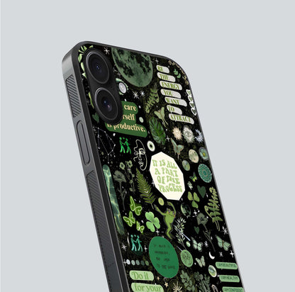 Green Moon Energy Glass Case for iPhone 16 close-up angled shot showing glowing lunar detail and reflection shine