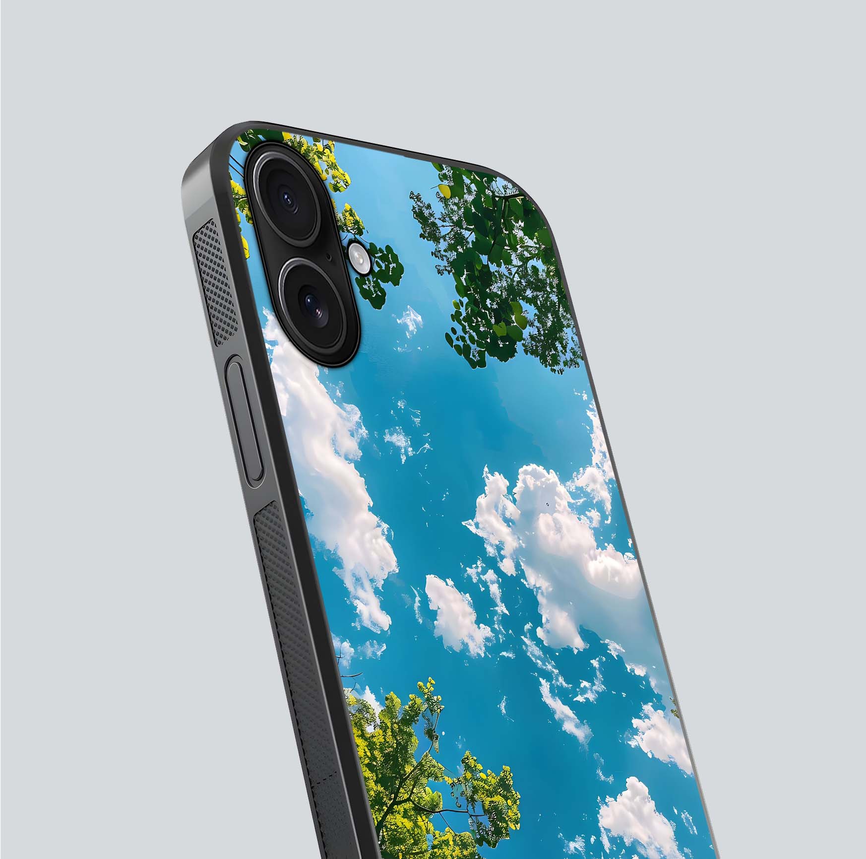 Greenery Sky Glass Case for iPhone 16 close-up angled shot showing leafy tones and reflection brightness