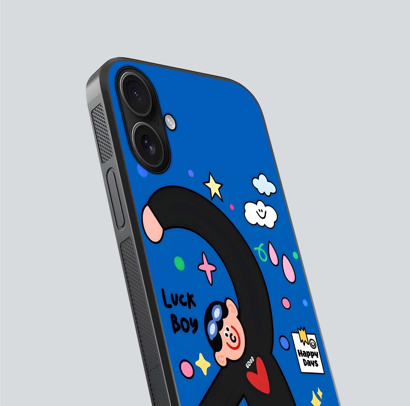 Happy Luck Vibe Glass Case for iPhone 16 close-up angled shot showing color details and reflection shine