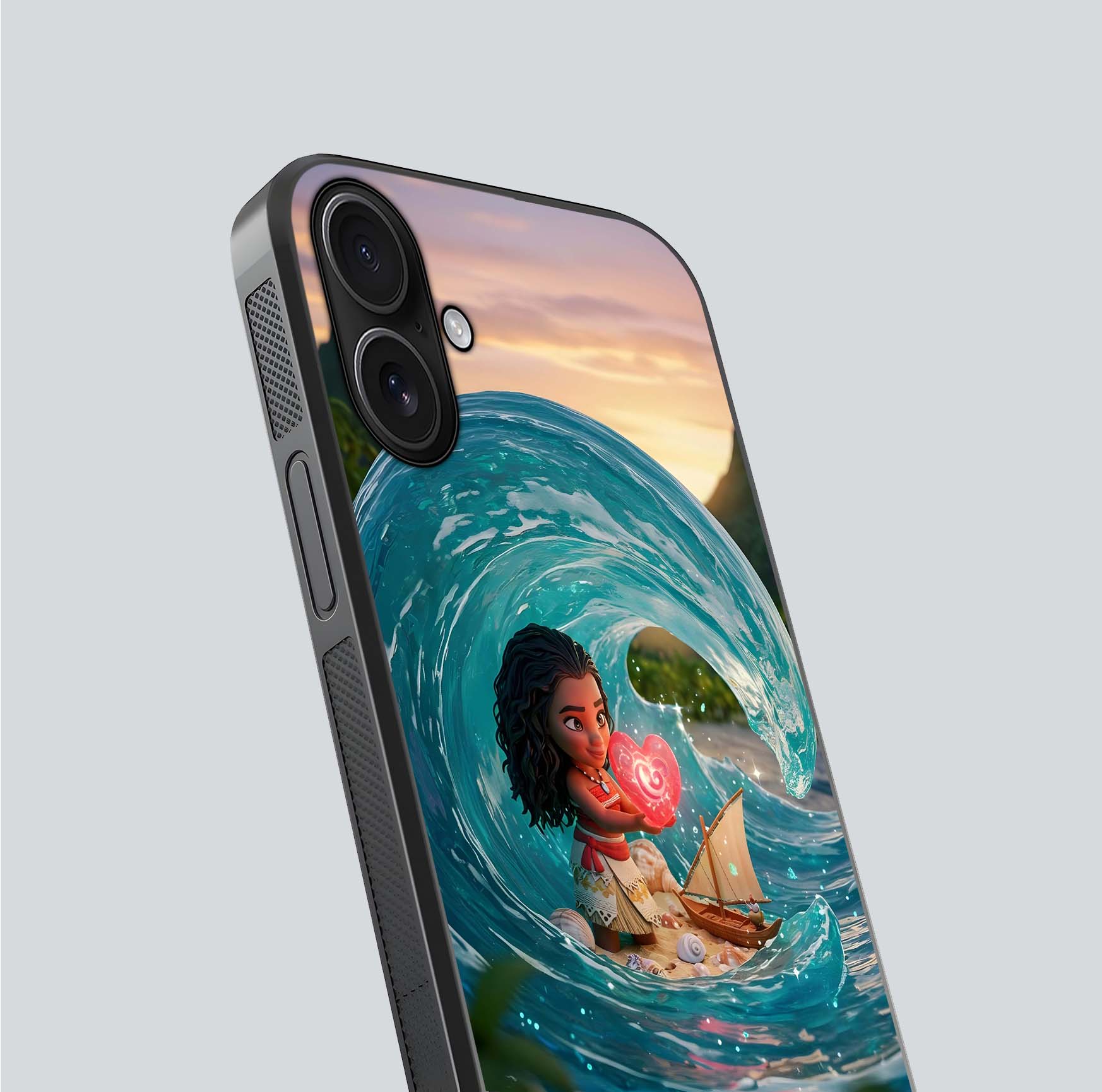 Heart of Ocean Glass Case for iPhone 16 close-up angled shot showing blue tones and reflection shine