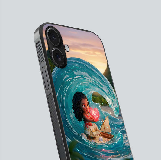 Heart of Ocean Glass Case for iPhone 16 close-up angled shot showing blue tones and reflection shine