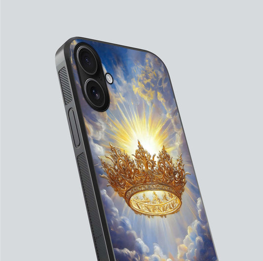 Heavenly Crown Light Glass Case for iPhone 16 close-up angled shot showing glowing halo details and smooth reflection
