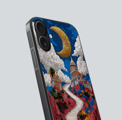 Heavenly Moon Path Glass Case for iPhone 16 close-up angled shot showing moon reflection and shimmer texture