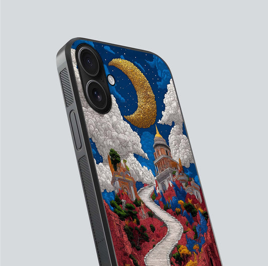 Heavenly Moon Path Glass Case for iPhone 16 close-up angled shot showing moon reflection and shimmer texture