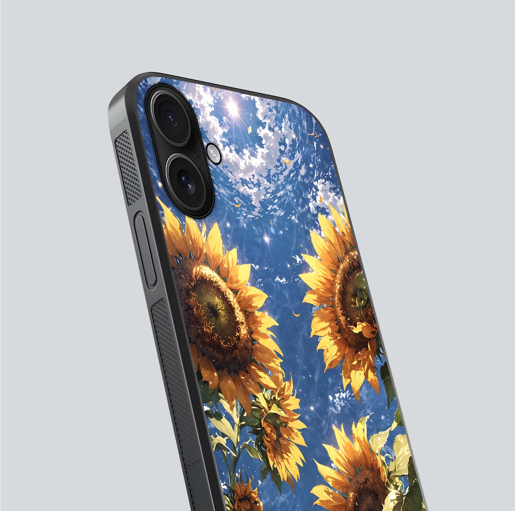 Heavenly Sunflower Rise Glass Case for iPhone 16 close-up angled shot showing sunflower texture and reflection polish