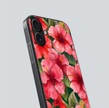 Hibiscus Pattern Glass Case for iPhone 16 close-up angled shot showing flower details and gloss reflection
