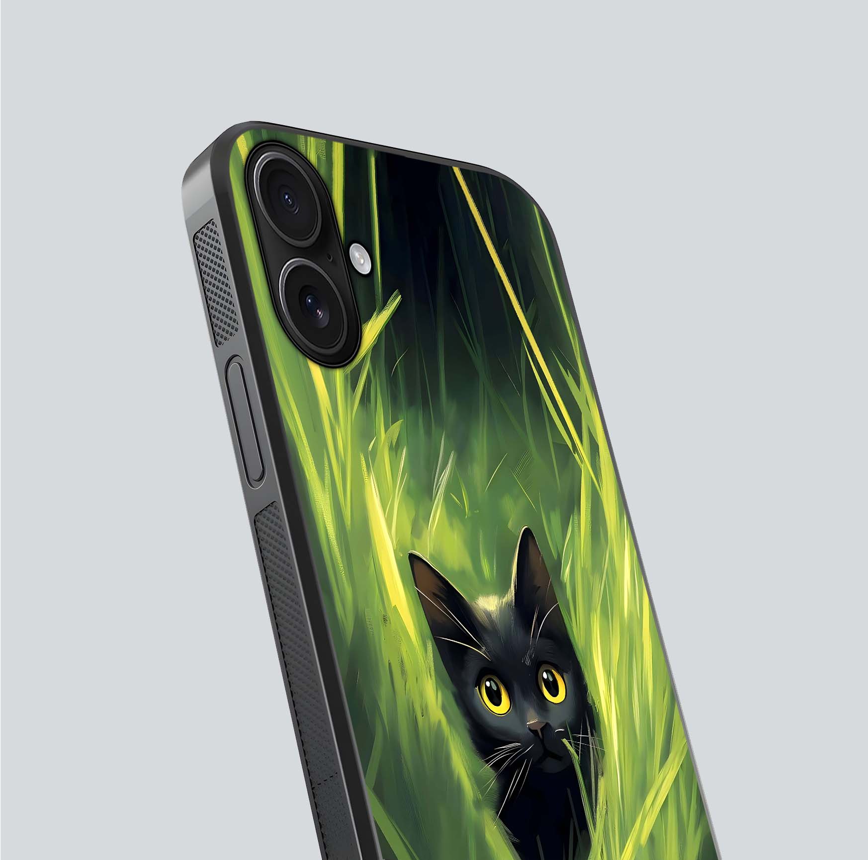 Hidden Cat Whisper Glass Case for iPhone 16 close-up angled shot showing feline details and reflection polish