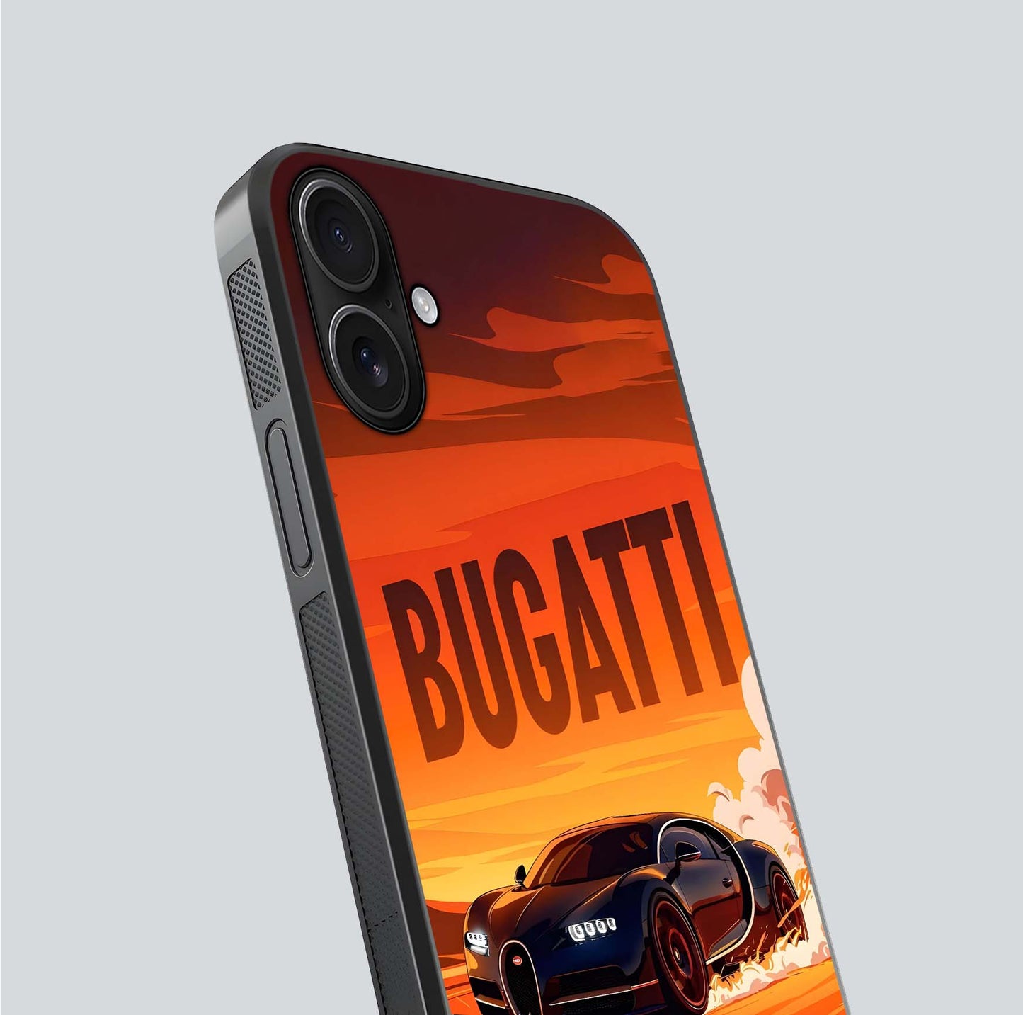 Inferno Bugatti Storm Glass Case for iPhone 16 close-up angled shot showing flame details and reflection shine