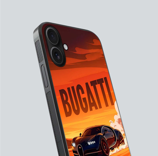 Inferno Bugatti Storm Glass Case for iPhone 16 close-up angled shot showing flame details and reflection shine