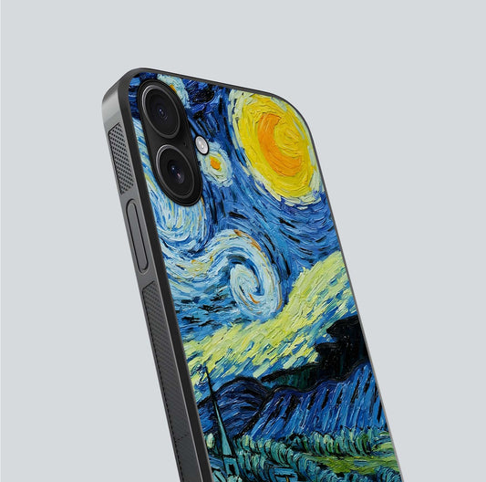 Inspired Van Gogh Art Glass Case for iPhone 16 close-up angled shot showing brushstroke texture and shine detail