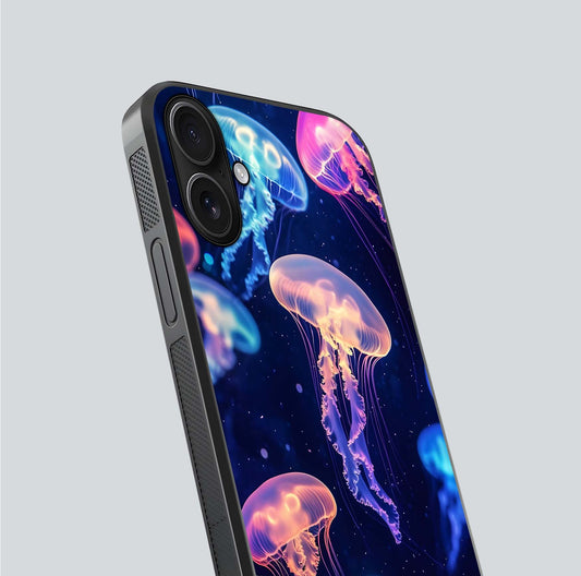 Jellyfish Pattern Glass Case for iPhone 16 close-up angled shot showing translucent tentacles and light reflection