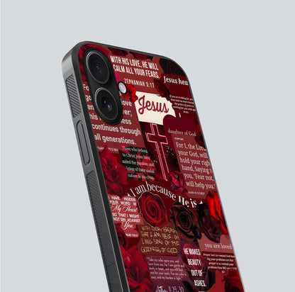 Jesus Love Heals Glass Case for iPhone 16 close-up angled shot showing healing text, cross detailing, and reflection