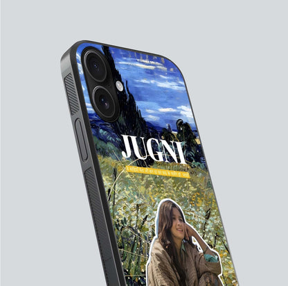 Jugni Soul Vibes Glass Case for iPhone 16 close-up angled shot showing typography detail and vibrant gloss reflection
