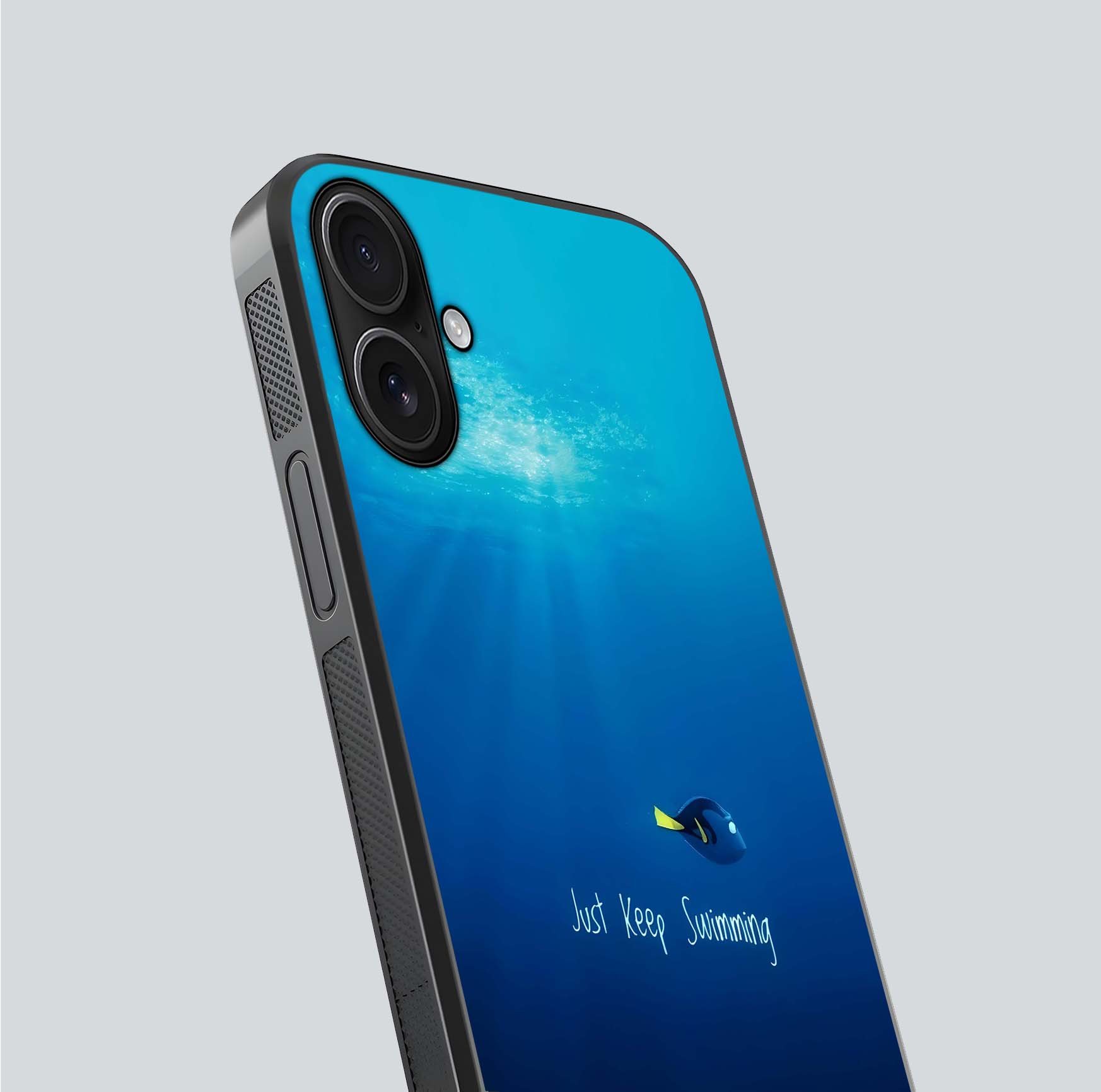 Just Keep Swimming Glass Case for iPhone 16 close-up angled shot showing elegant lettering and blue tone reflection